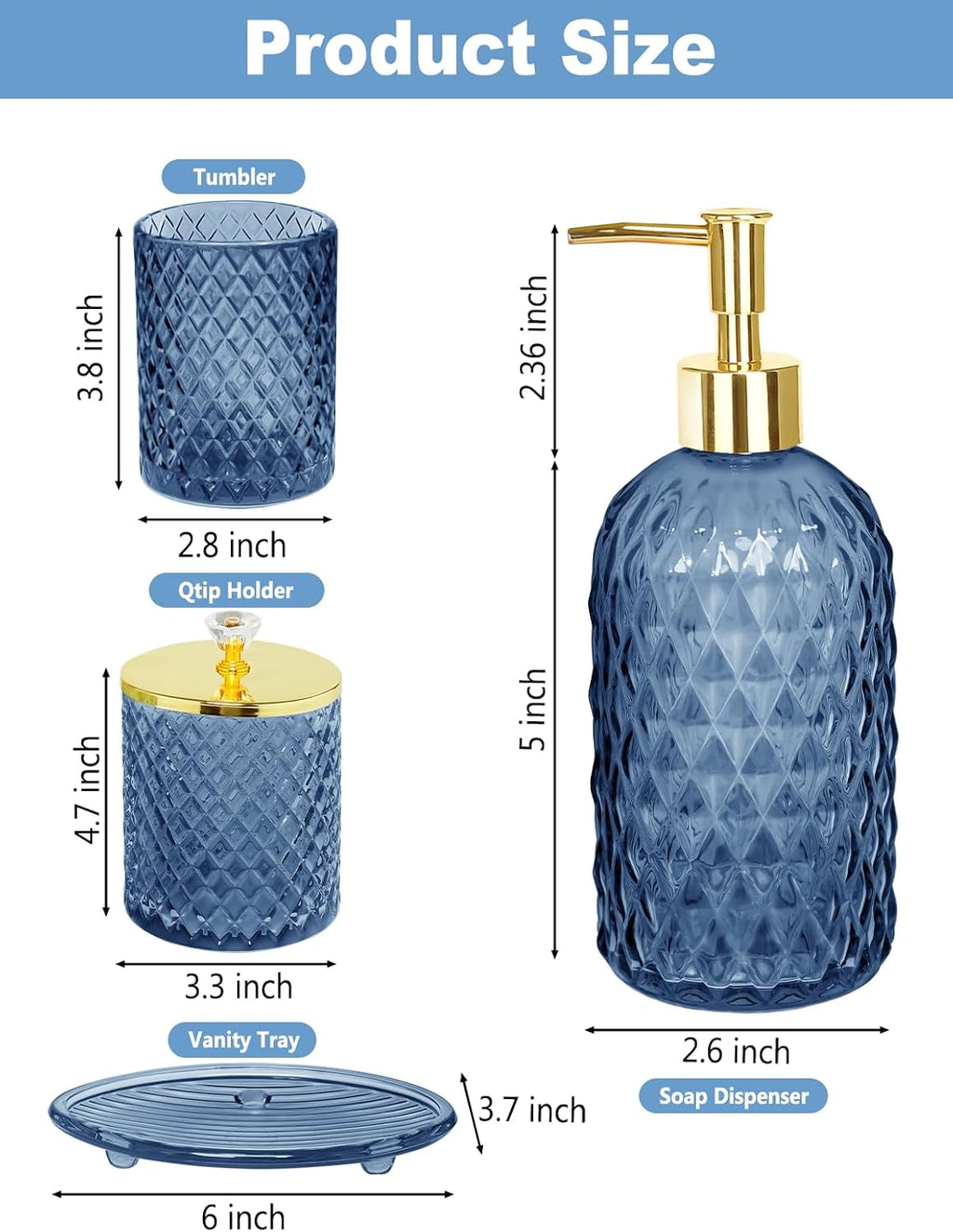 Glass Bathroom Accessories Set, Navy Blue Bathroom Set, 4 Pcs | Kit w/ Bathroom Soap Dispenser Set, Toothbrush