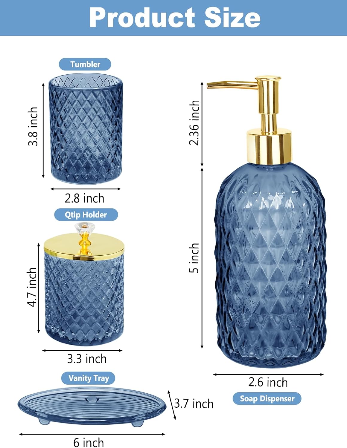 Glass Bathroom Accessories Set, Navy Blue Bathroom Set, 4 Pcs | Kit w/ Bathroom Soap Dispenser Set, Toothbrush