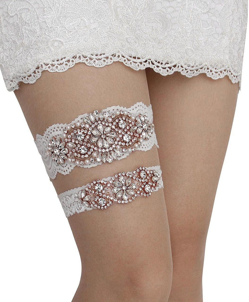 Wedding Garters for Bride with Non-Slip Silicone, Lace Bridal Garter Set with Clear Rhinestones Crystal Pearl
