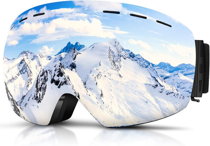 Ski Goggles Men Women Snowboard Goggles Over Glasses OTG Anti Fog Snow Goggles Frameless, 100% UV Protection(Silver)