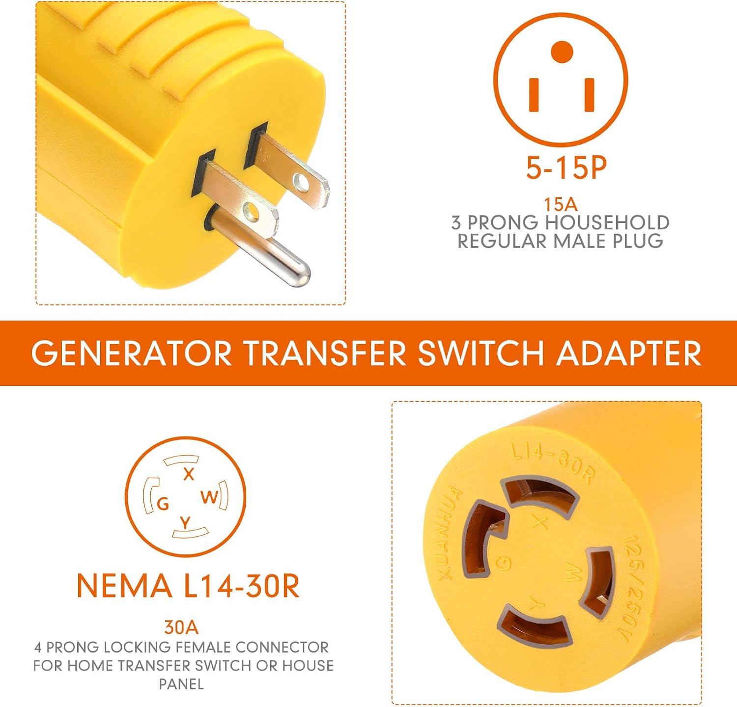 NEMA 5-15P to L14-30R Generator Transfer Switch Adapter 3 Prong Household 15Amp to 4 Prong Generator Lock 30Amp