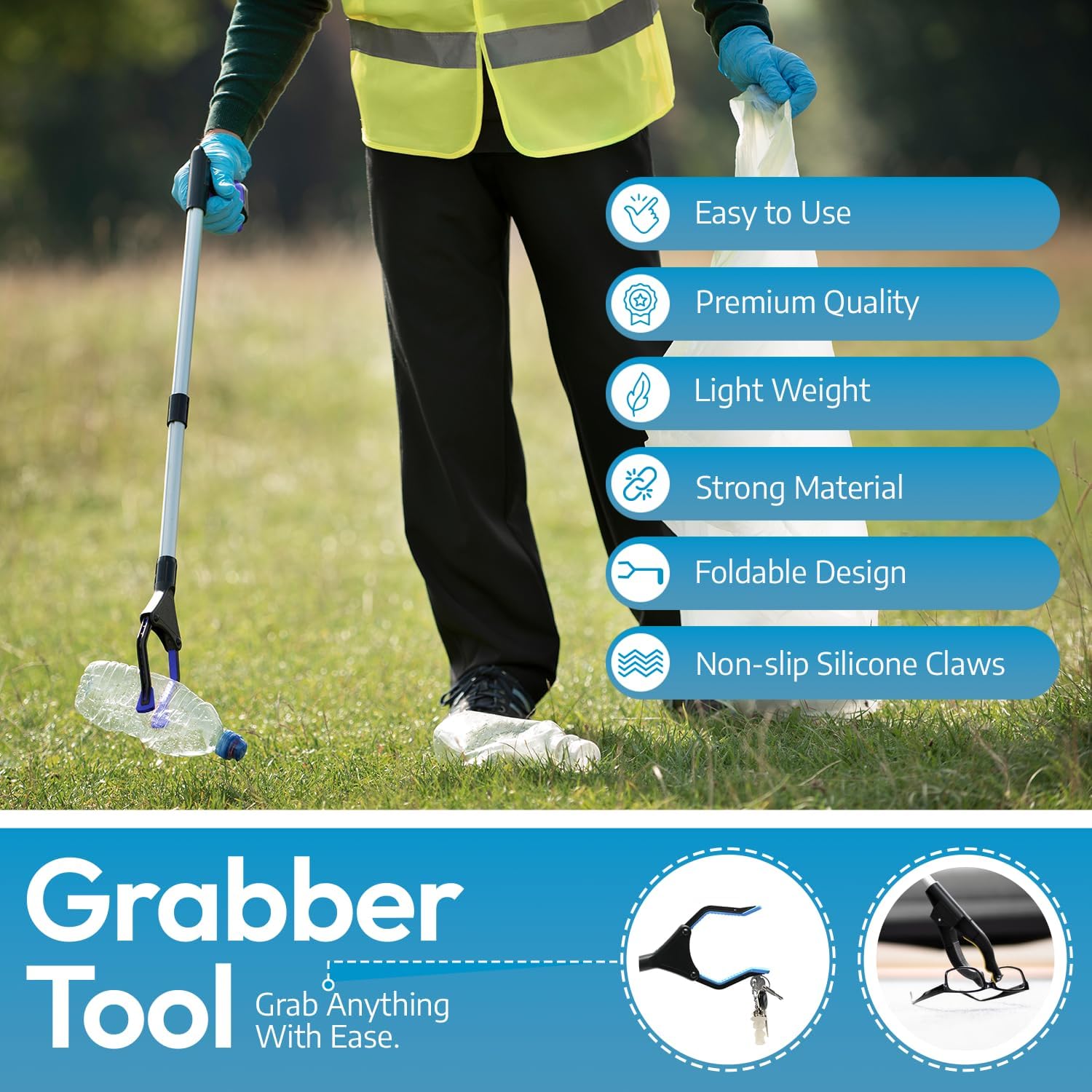 2024 Upgrade PowerGrip T9, Grabber Reacher Tool, Wide Jaw, Foldable, Steel Cable, with 96 Grip Points for Firm Grip