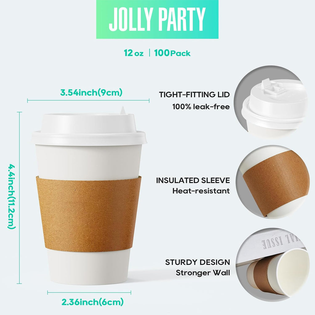 100 Pack 12 oz Disposable Paper Coffee Cups with Lids & Sleeves