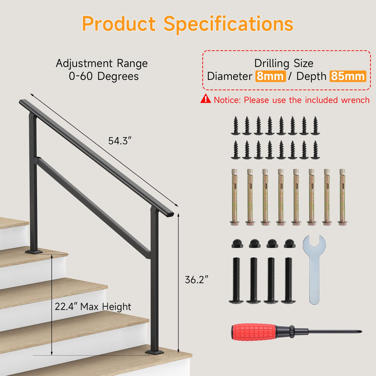 2PCS Hand Rails for Outdoor Steps 2-5 Steps Wrought Iron Handrails