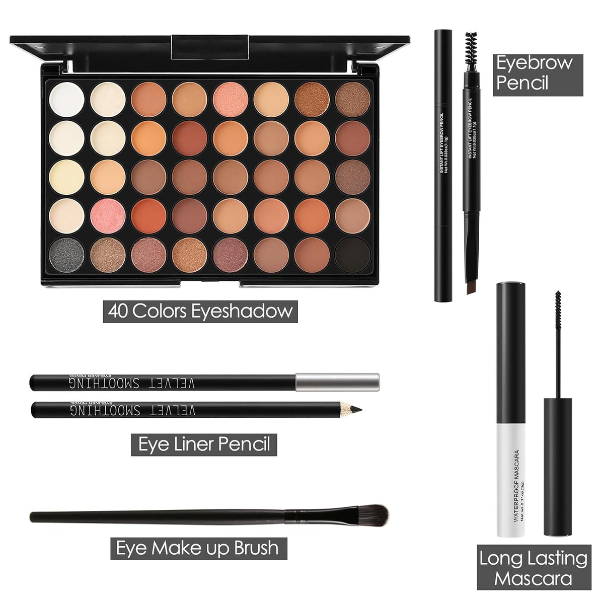 All In On Makeup Eye Set Cosmetics Kit for Teens and Adults, Includes Eyeshadow, Make Up Brushes, Mascara, Eyebrow
