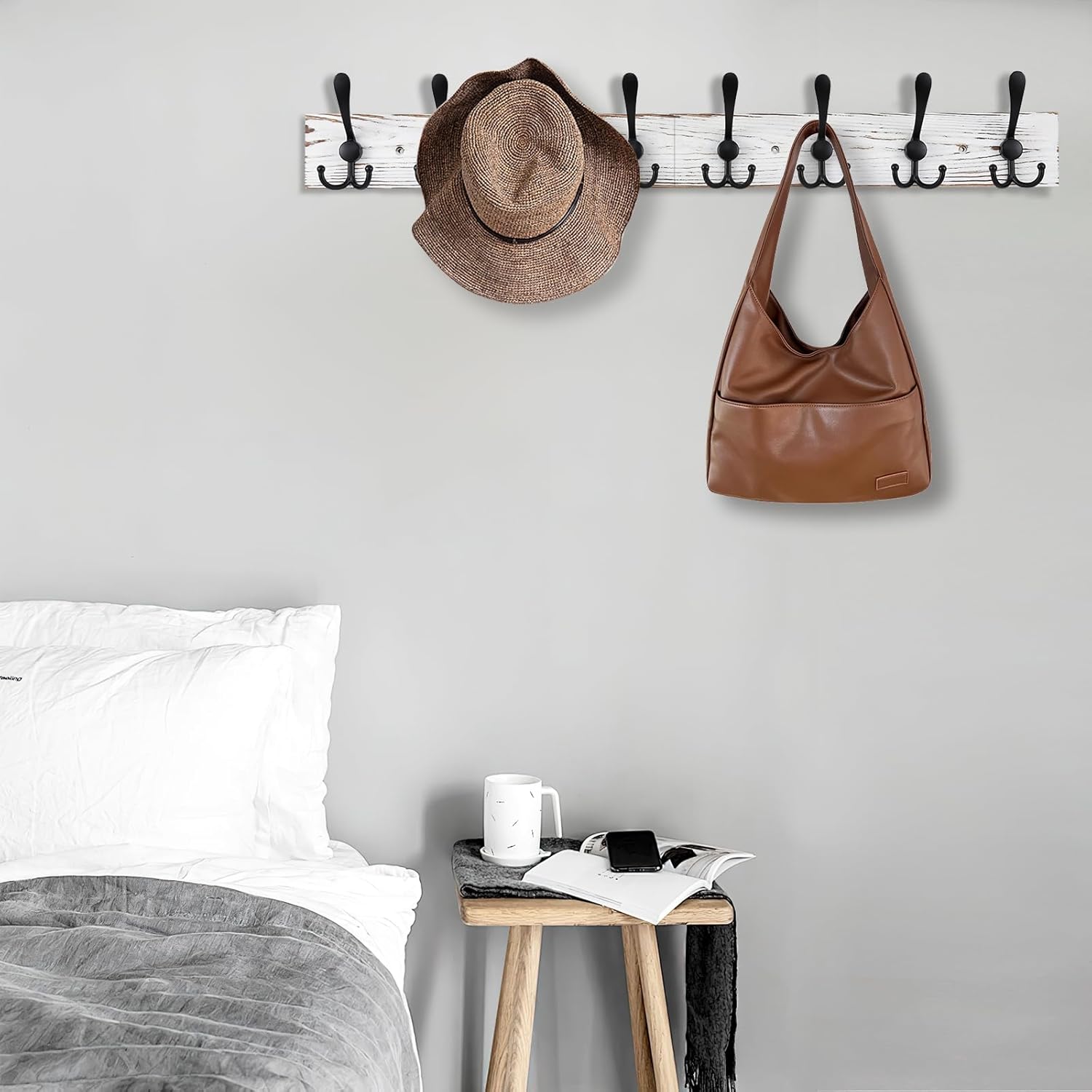 32.2'' Large Coat Rack Wall Mount Coat Hooks with 8 Metal Black Triple-Hooks Old White Pine Real Wood Plank Hat Rack