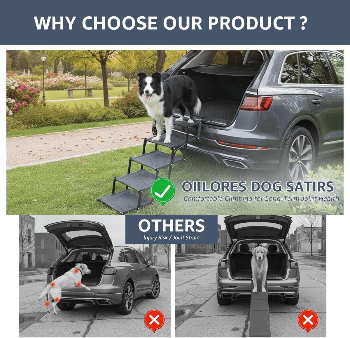 Foldable Dog Stairs for Large Dogs - Extra Wide Pet Ramp for Cars, SUV, Non-Slip Surface, Supports Up to 250 Lbs, 5