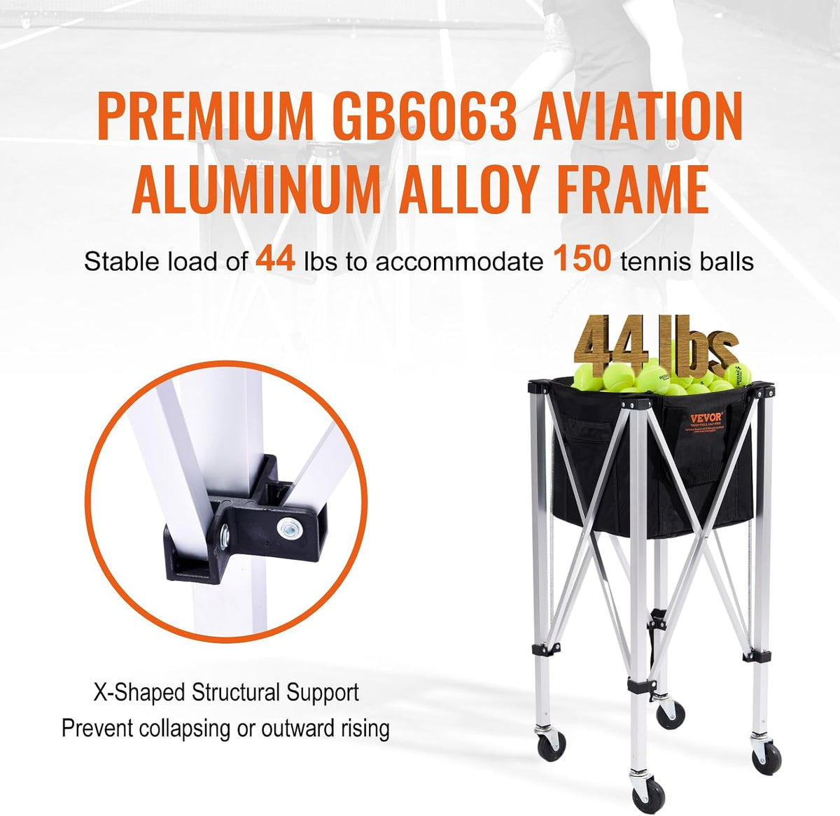 Foldable Tennis Ball Hopper, Holds 150-180 Tennis Balls, Lightweight Aluminum Alloy Tennis Ball Basket Cart with