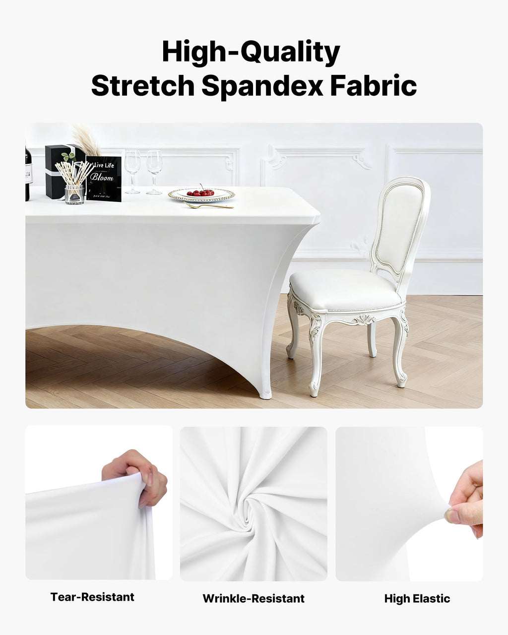6 Pack Table Cloth for 8FT Rectangular Fitted Events, Wrinkle-Resistant Stretch White Table Covers, Washable Spandex