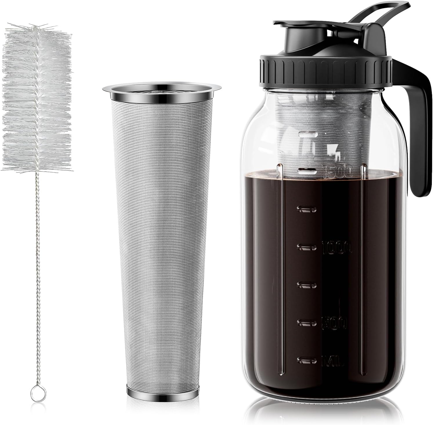 64 oz Cold Brew Coffee Maker, Mason Jar Pitcher with 304 SS Filter | 100μm Fine Mesh, Stainless Steel Filter