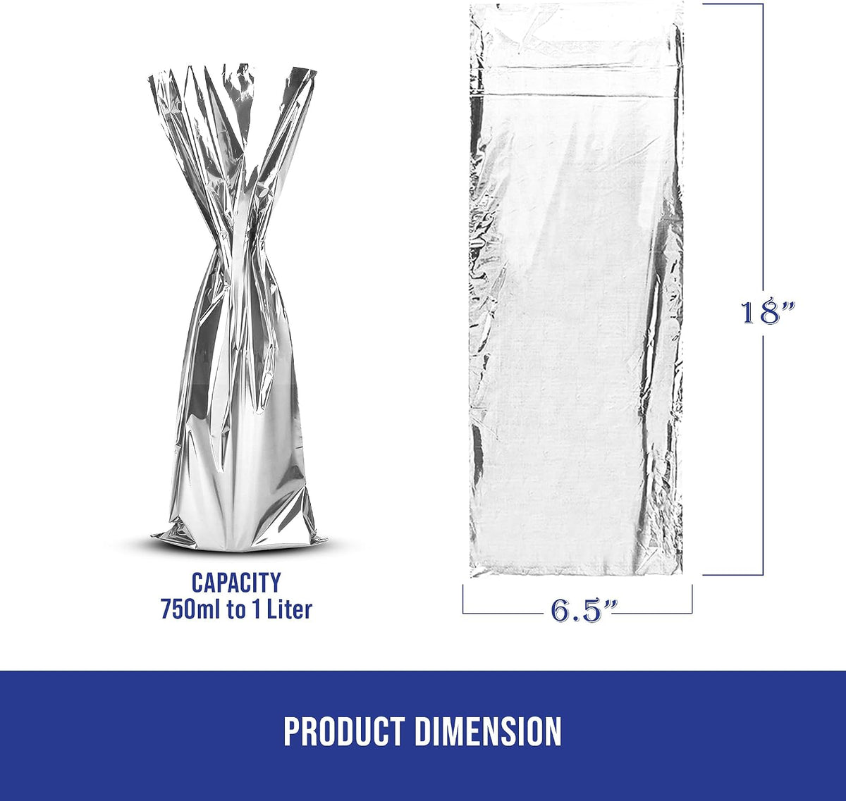 Silver Metallic Mylar Wine Gift Bags 6.5" x 18" - Great for wine Pull - Pack of 25