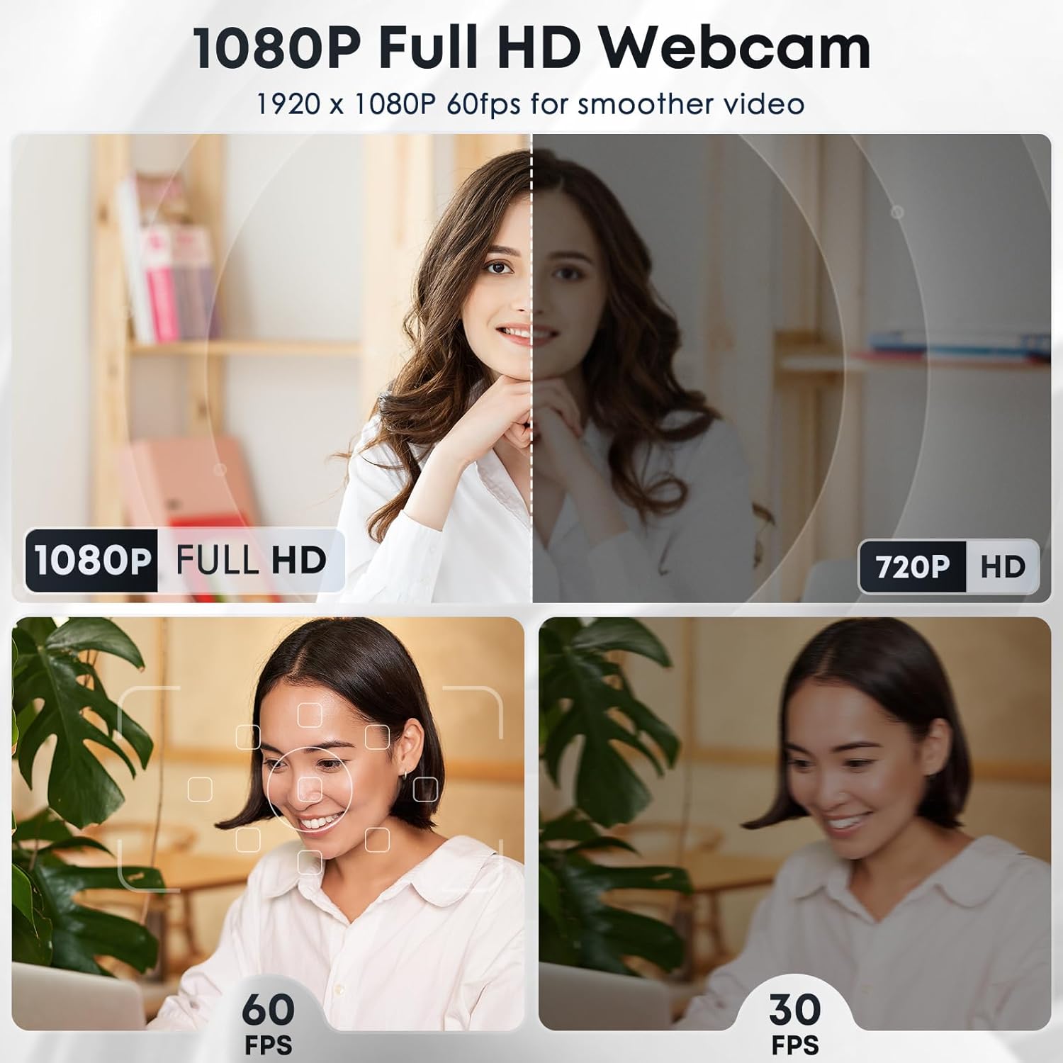 1080P HD Webcam with Microphone, Noise Cancellation, Privacy Cover, Wide-Angle Lens, Auto Light Correction, Plug &
