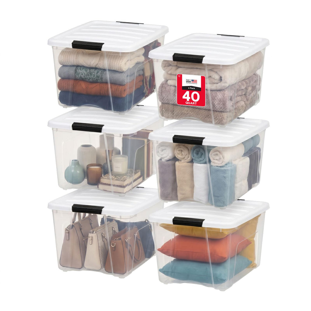 40 Qt Storage Bins with Lids, 6 Pack, Clear/White