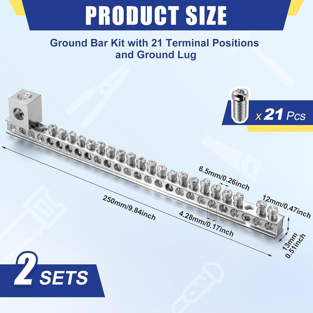 2 Set Ground Bar Kit with 21 Terminal Positions & Ground Lug | Compatible with Square D QO & Homeline, Eaton BR & CH