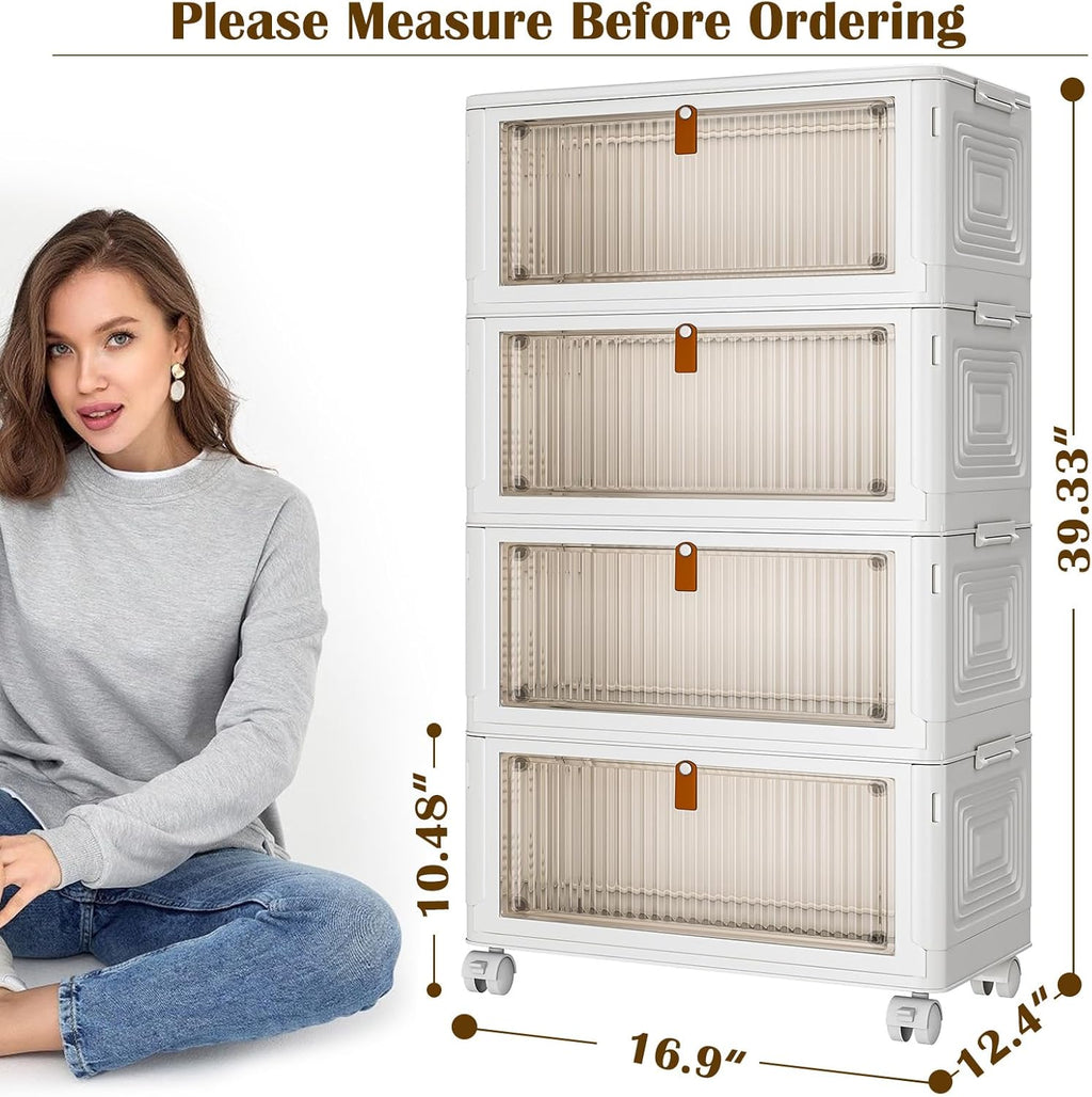 4 Tier Plastic Storage Bins with Lid 36QT, Stackable Storage Containers with Wheels, Folding Storage Boxes, Stackable