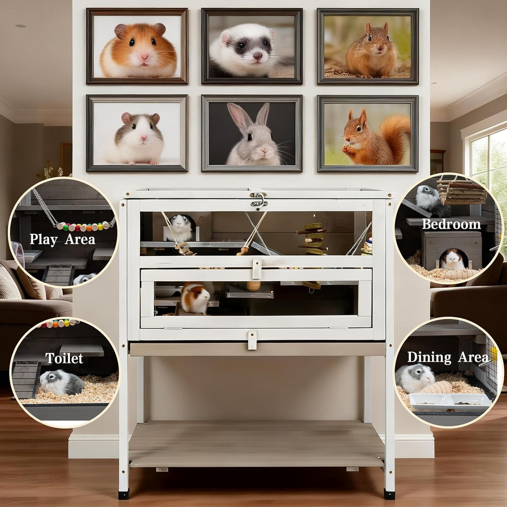 Wooden Hamster Cage Indoor with Stand and Storage Shelf, 3-Tier Small Animal Habitat with Clear Front Window