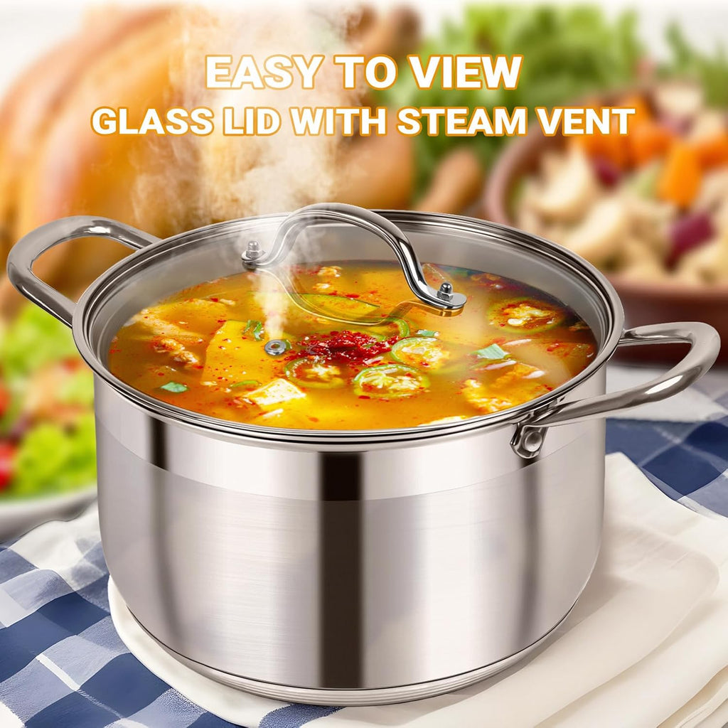 12 Quart Stainless Steel Heavy Duty Stock Pot with Visible Lid | Heavy Duty, Even Heat, Thick Nonstick Base, Deep