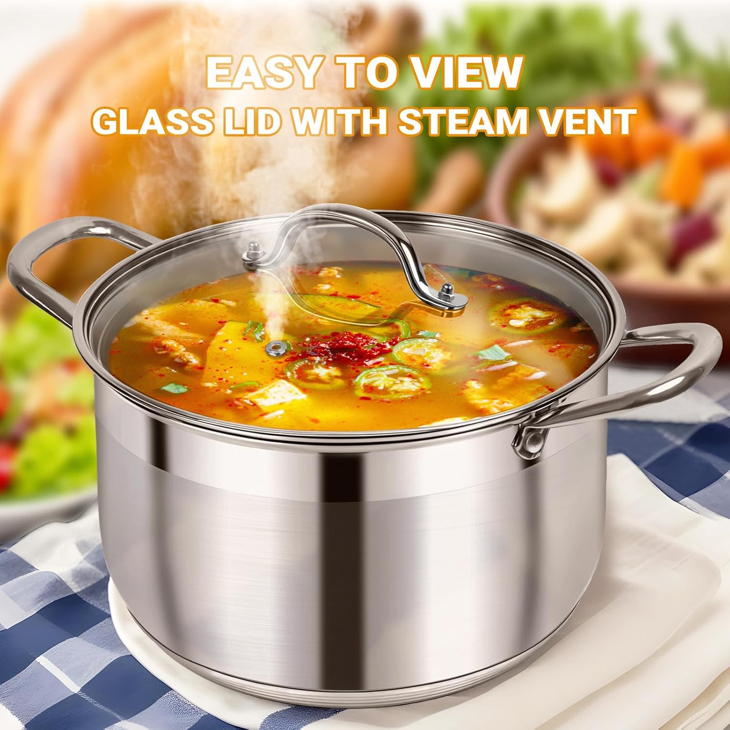 12 Quart Stainless Steel Heavy Duty Stock Pot with Visible Lid | Heavy Duty, Even Heat, Thick Nonstick Base, Deep
