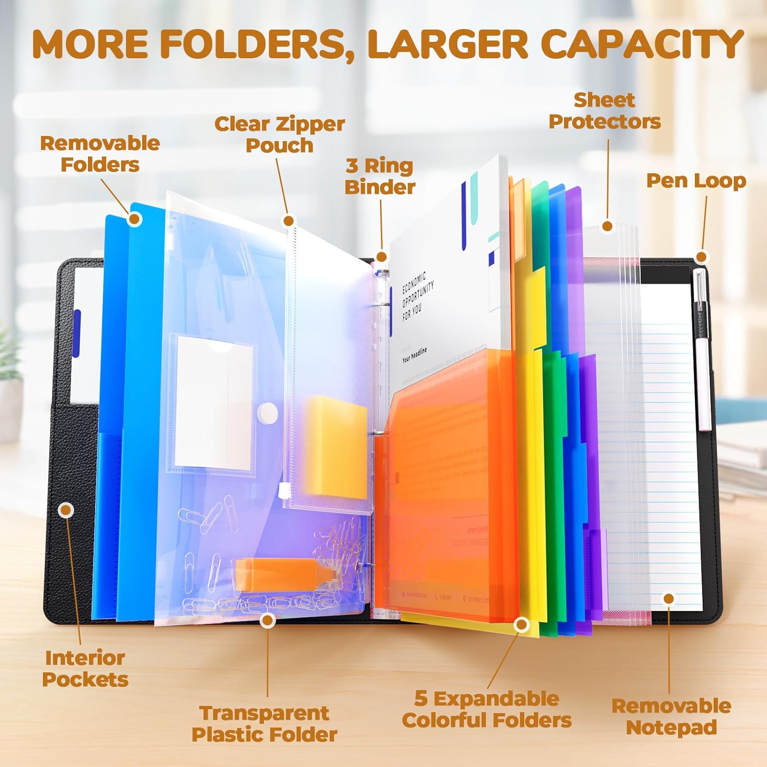 3 Ring Binder Clipboard with Storage, 5 Folders, Black | 3 ring clipboard portfolio combines five expandable folders