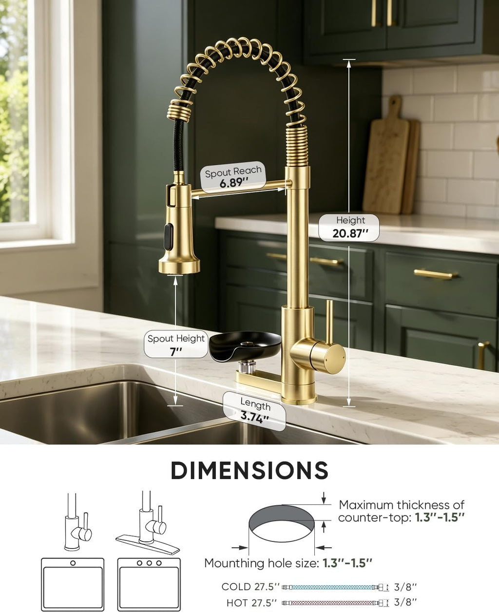 Pull Down Kitchen Faucet with Cup Washer Brushed Gold