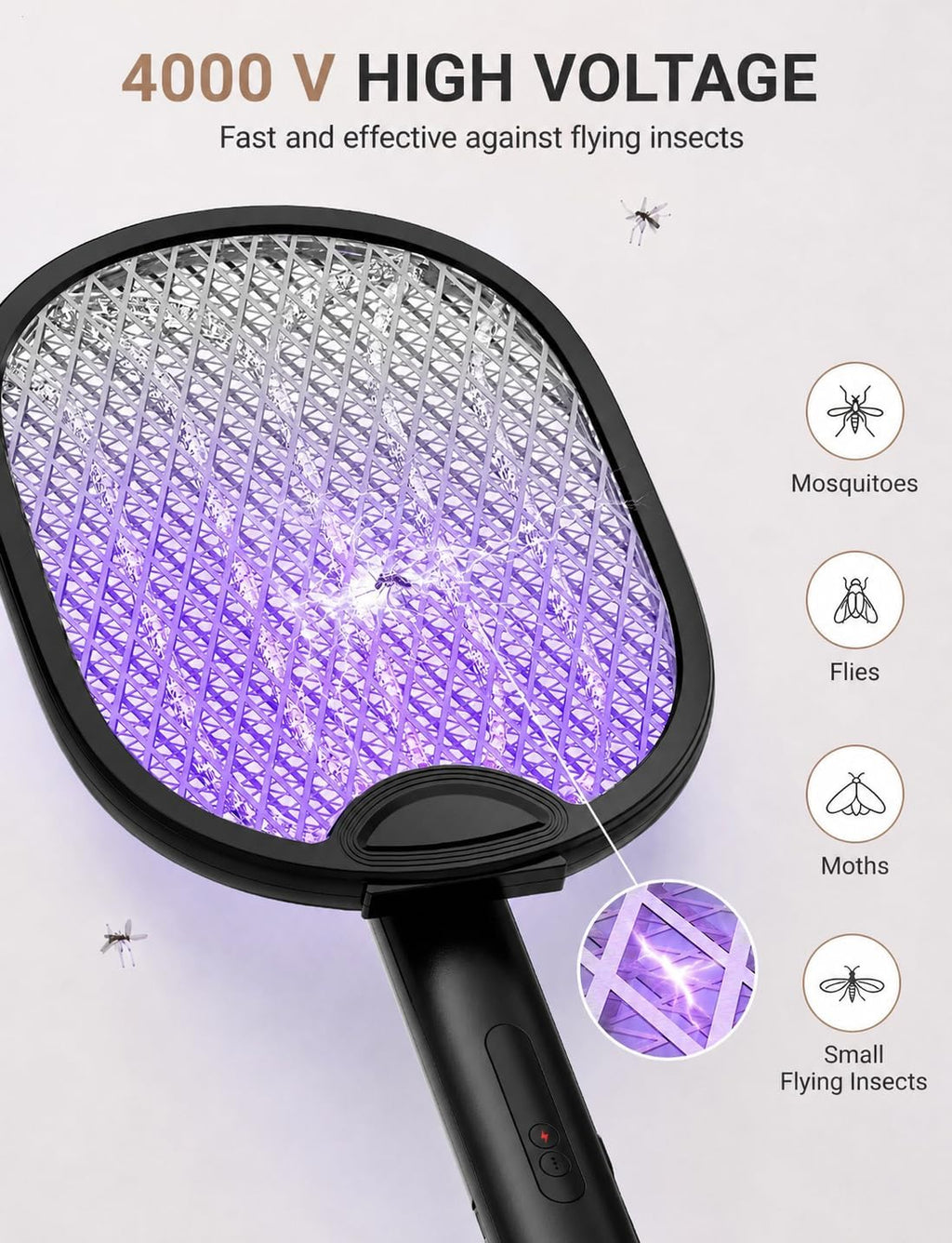 2 in 1 Electric Fly Swatter 4000V, Bug Zapper Racket, Black | 1800mAh, up to 20,000 zaps, hands-free stand mode, blue