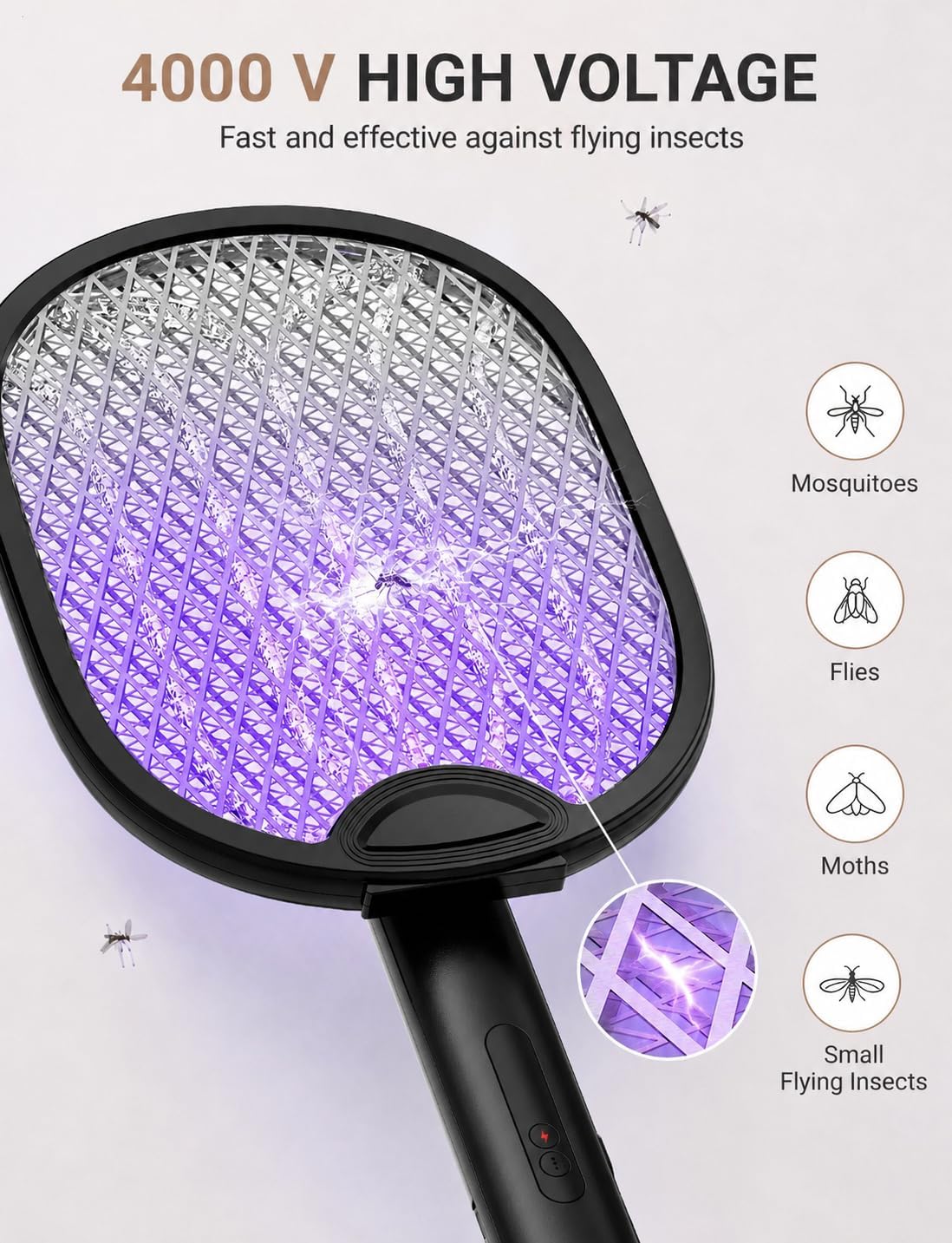 2 in 1 Electric Fly Swatter 4000V, Bug Zapper Racket, Black | 1800mAh, up to 20,000 zaps, hands-free stand mode, blue