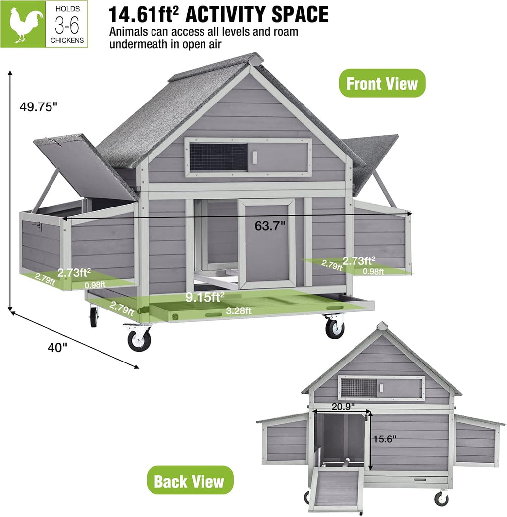 Large Chicken Coop on Wheels Mobile Wooden Hen House Weatherproof Duck Poultry Cage 67.3" L for 6-8 Chickens with 6