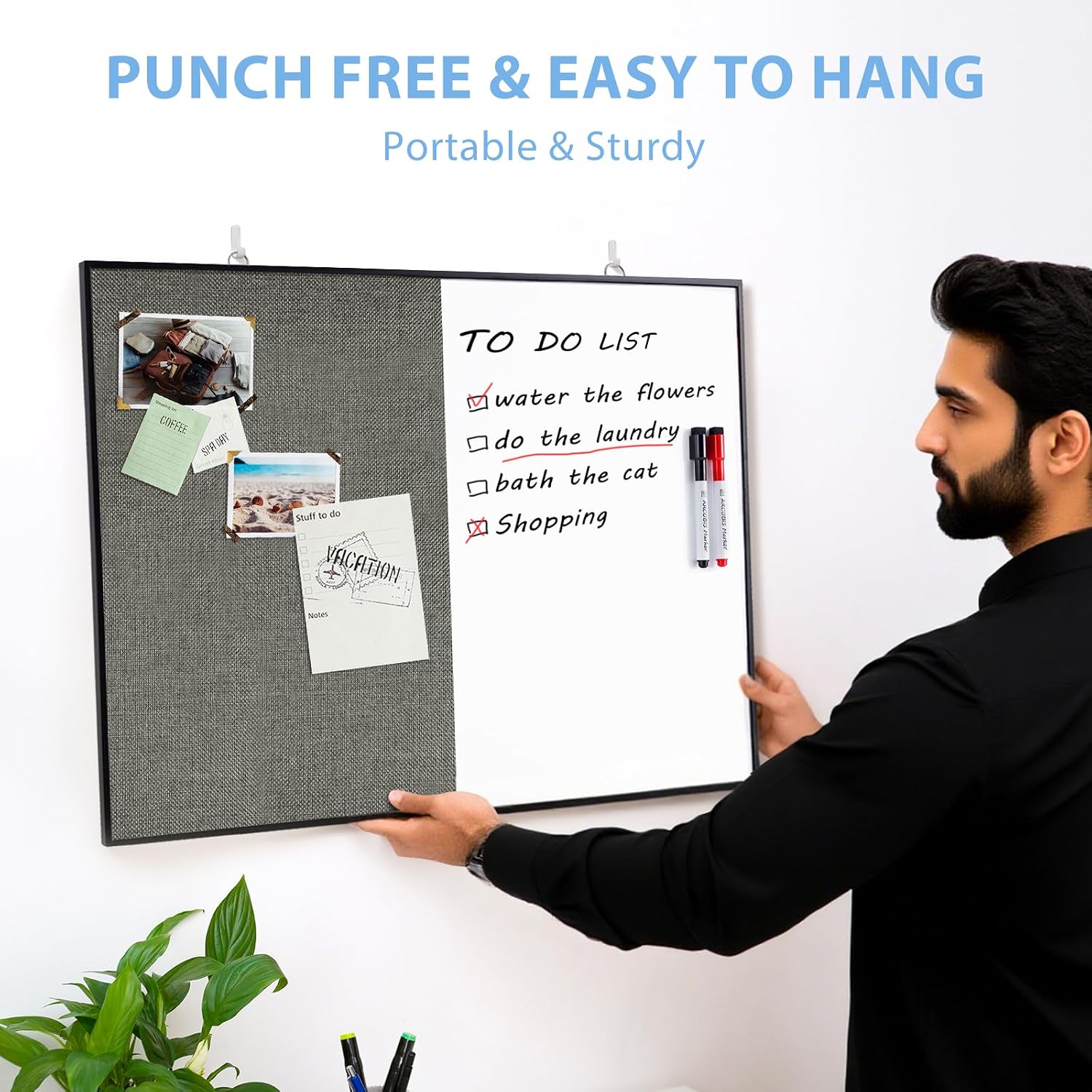Cork Board White Board Combo, 24"X18" Linen Bulletin Board Whiteboard for Wall, Double-Sided Magnetic Dry Erase