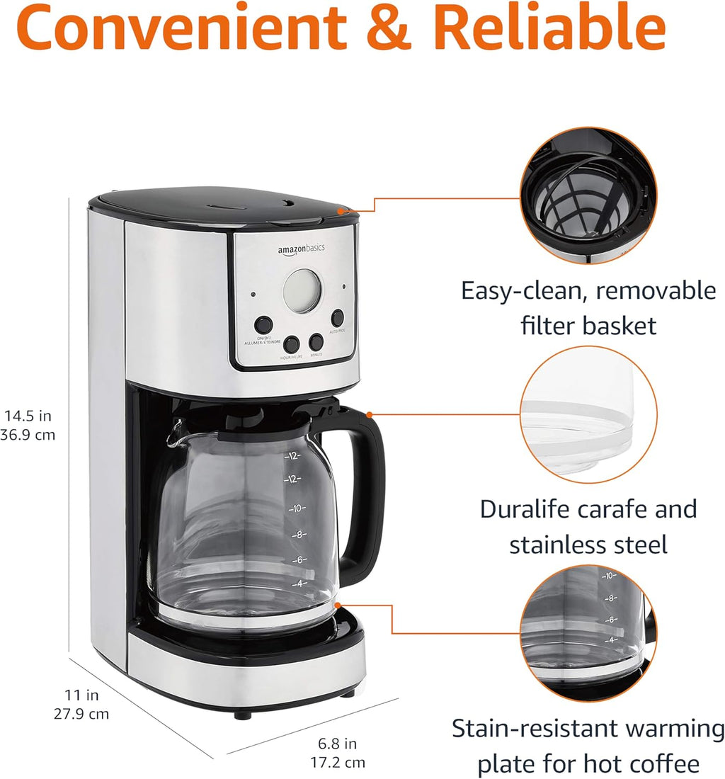 Programmable Coffeemaker with Carafe and Reusable Filter, Stainless Steel, 12 Cups, Black