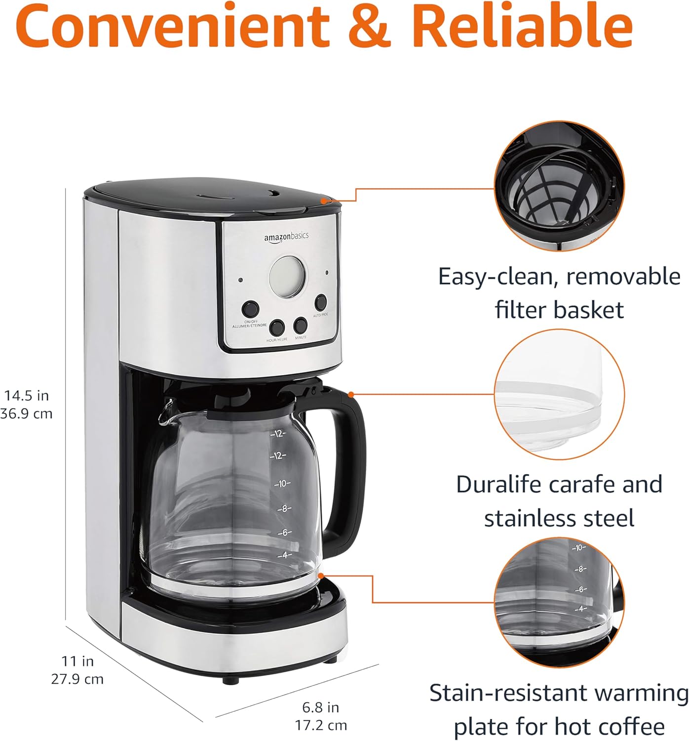 Programmable Coffeemaker with Carafe and Reusable Filter, Stainless Steel, 12 Cups, Black