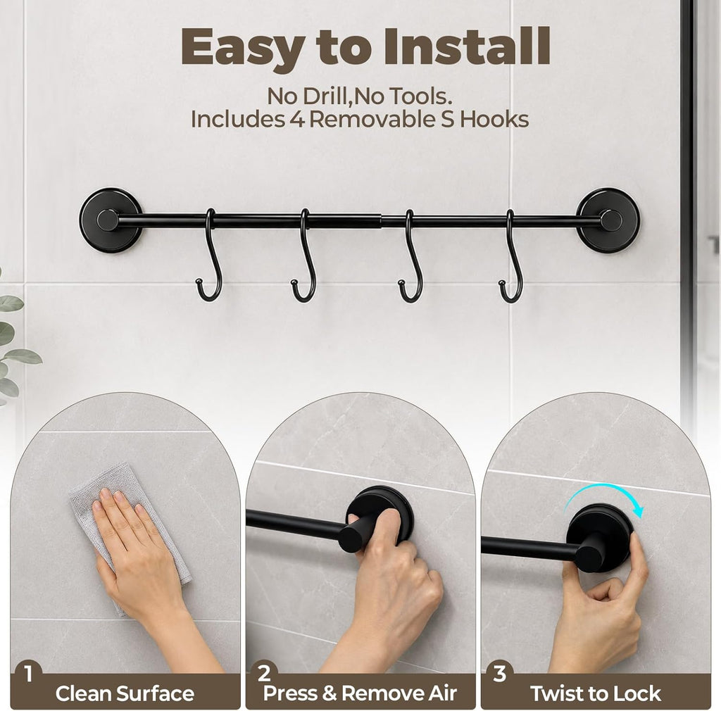 Adjustable Suction Cup Towel Bar – Towel Racks for Bathroom, 13.6-25 Inch, Stainless Steel Bathroom Towel Holder with