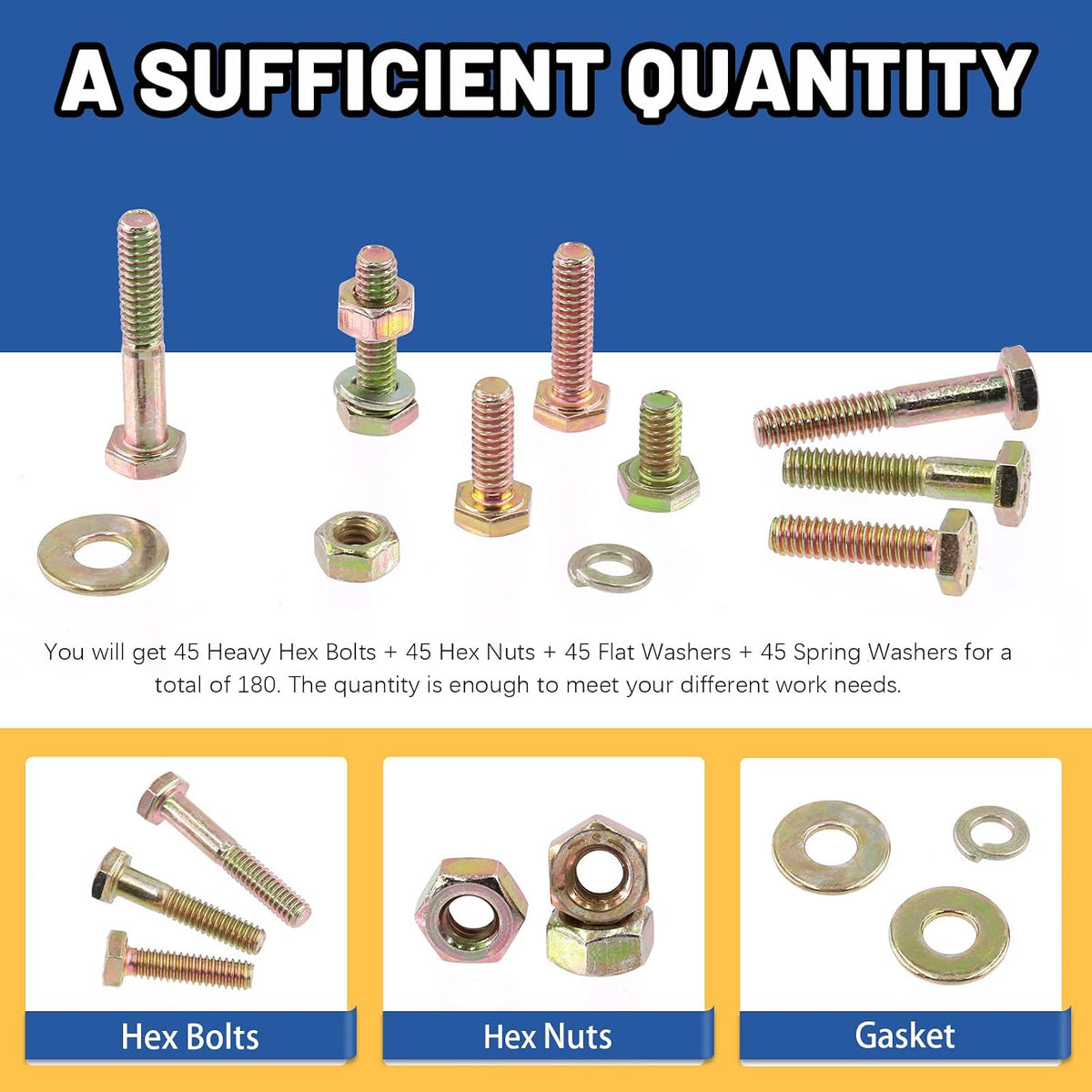 Glarks 180Pcs 1/4"-20 Grade 8 Coarse Thread Hex Bolts Nuts Screws Washers Assortment Kit, 5 Size 1/2", 3/4", 1", 1-1/4", 1-1/2" Hex Head Cap Screws and Hex Nuts Flat Washers Lock Washers Set