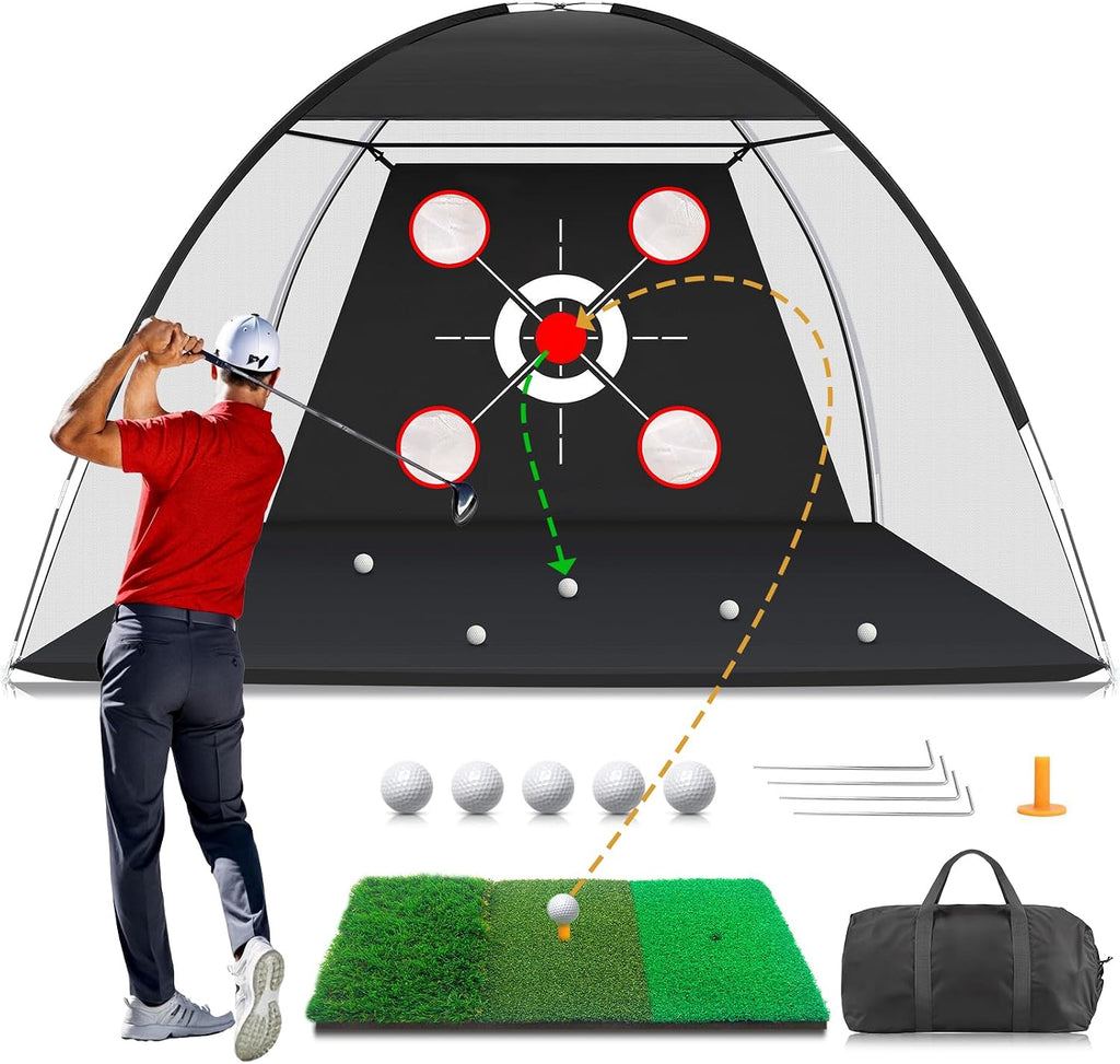 Golf Net with Practice Mat,Golf Hitting Aid Nets 10x7FT for Backyard Driving Chipping Training Swing,Gifts for Men