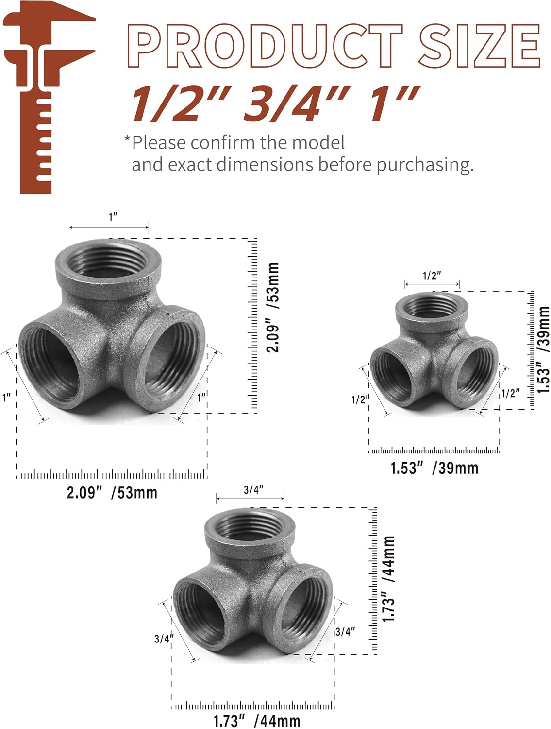 Right Angle Black Malleable Iron Tee Fitting 3-Way Side Exit Elbow Connector (1-Pack) (1/2 INCH)