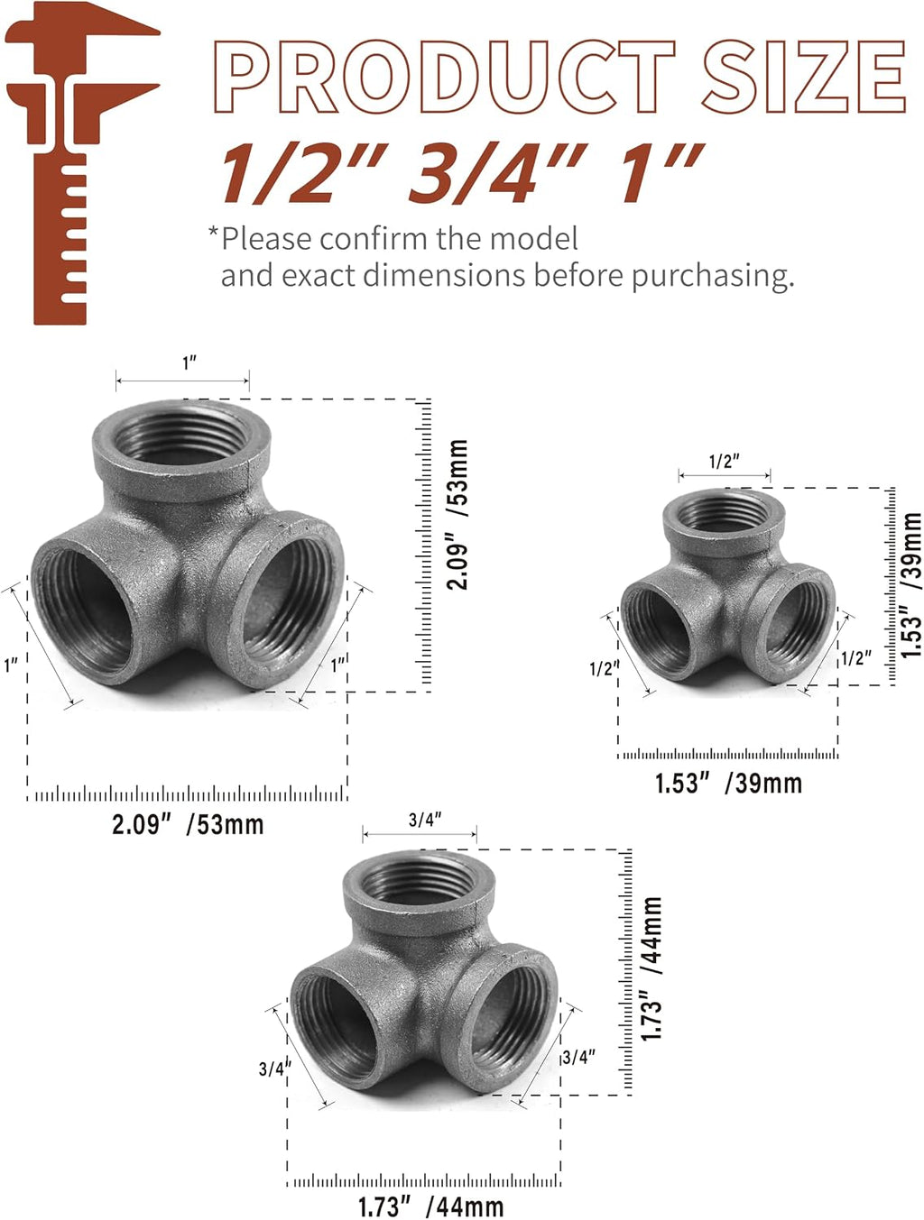 Right Angle Black Malleable Iron Tee Fitting 3-Way Side Exit Elbow Connector (1-Pack) (3/4 INCH)