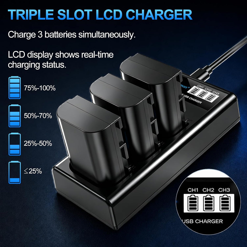 Artman LP-E6N LP-E6 Battery 3-Pack 2750mAh and 3-Slot LCD Charger for EOS R R5 R6 R7, R5 C, R6 Mark II,EOS 5D Mark II