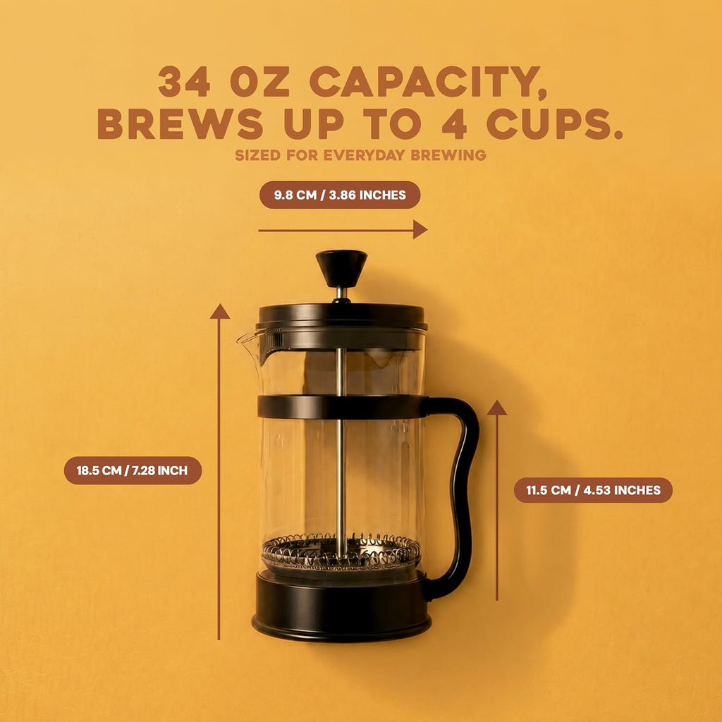 Borosilicate Glass French Press Coffee Maker 34 Oz, Black | Heat-Resistant Cafetiere & Tea Maker, Thickened Glass