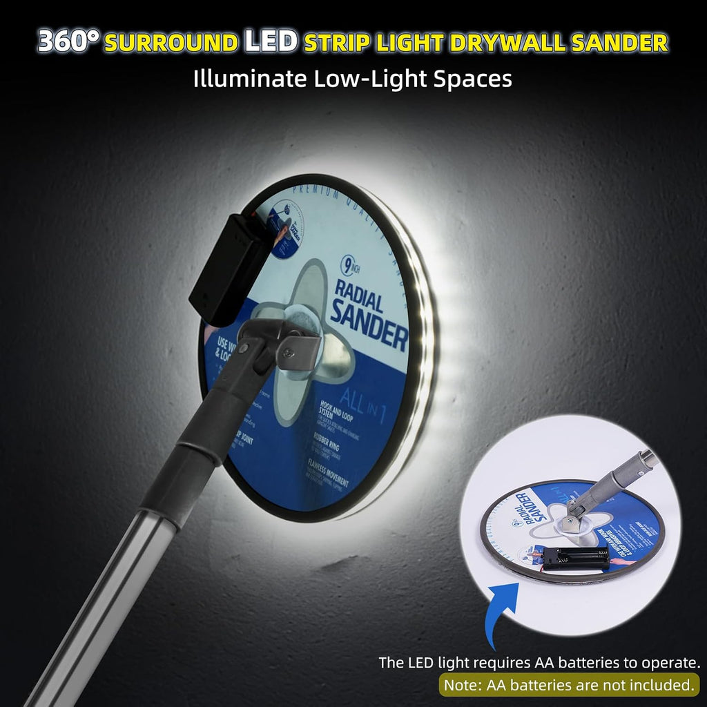 Drywall Pole Sander with 360° LED & 25 Pcs Sandpaper for Low-Light Sanding | Highlights Uneven Spots, 5-Piece