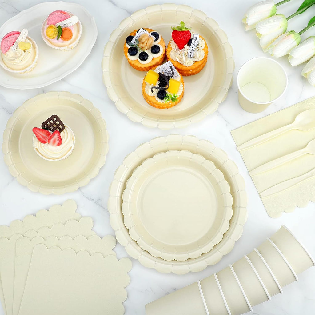 50 Set Disposable Dinnerware Sets Ivory Scalloped Plates Napkins