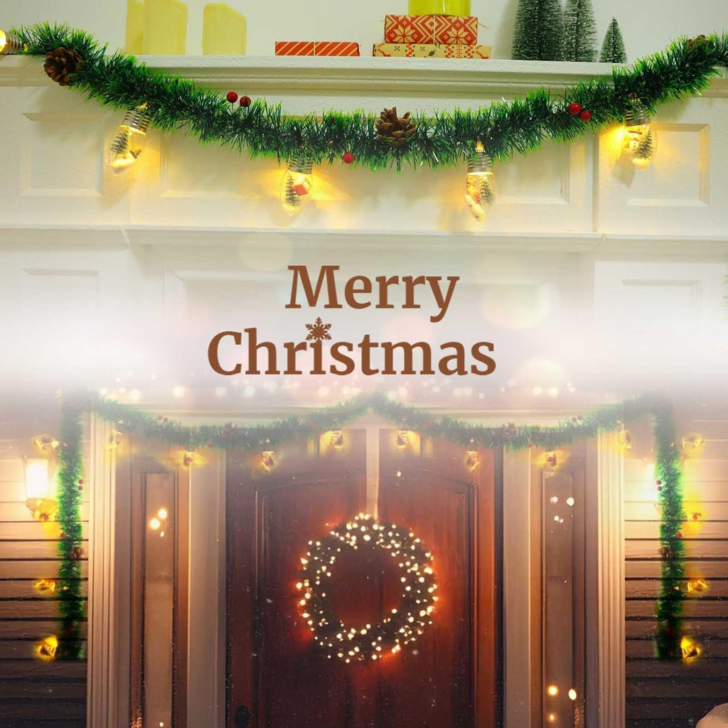 Christmas Garland with Lights, 8.2 FT Battery Operated Powerd 12 LED Bulb Lights Pine Cones Red Berry Decorations