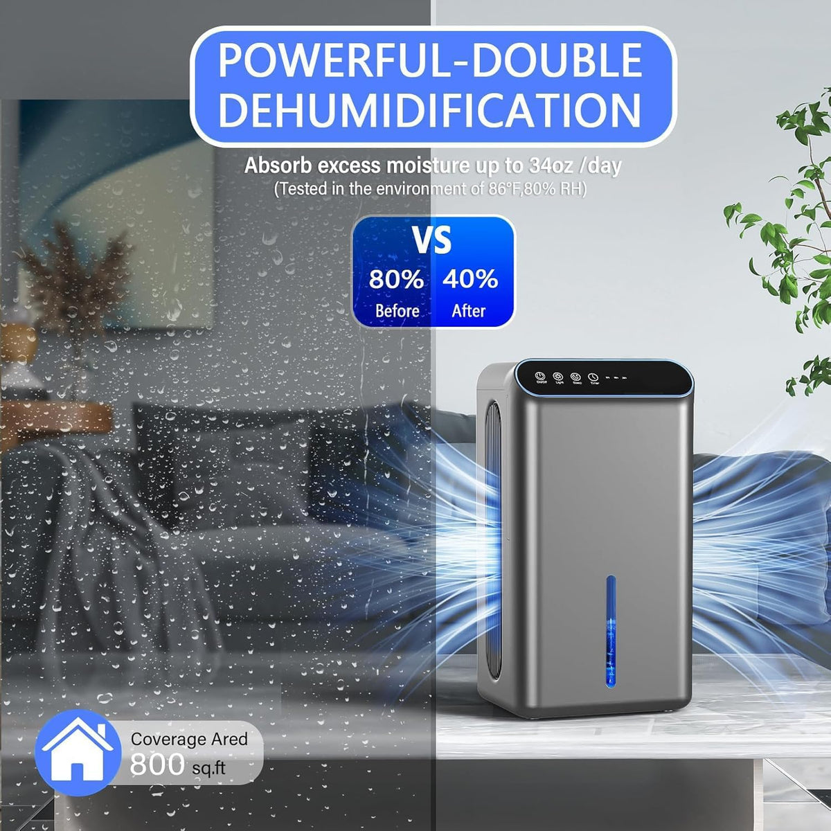 Dehumidifiers (85 OZ Water Tank, 800 sq.ft) with Drain Hose, 3 Gear Timer, Sleep Mode, Auto Shut Off, Quiet Small