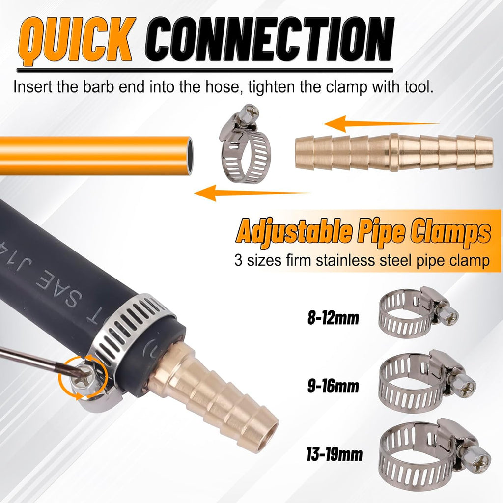 32PCS Brass Hose Barb Fittings Barb Splicer Mender Hose Fittings Kit 3/16" 1/4" 5/16" 3/8" 1/2" Barbed Air Hose
