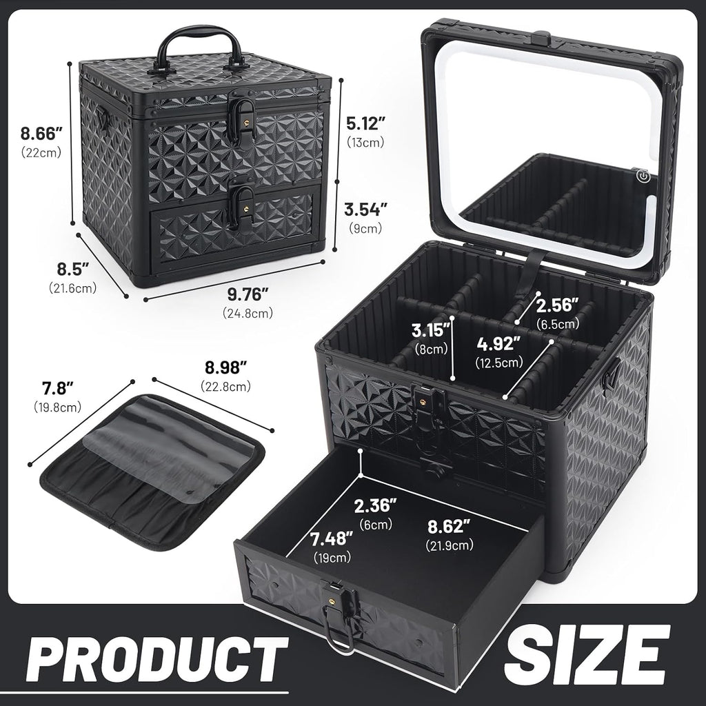 Makeup Case with Drawer, Detachable Lighted LED Mirror, Travel Vanity Organizer, Portable Cosmetic Train Case