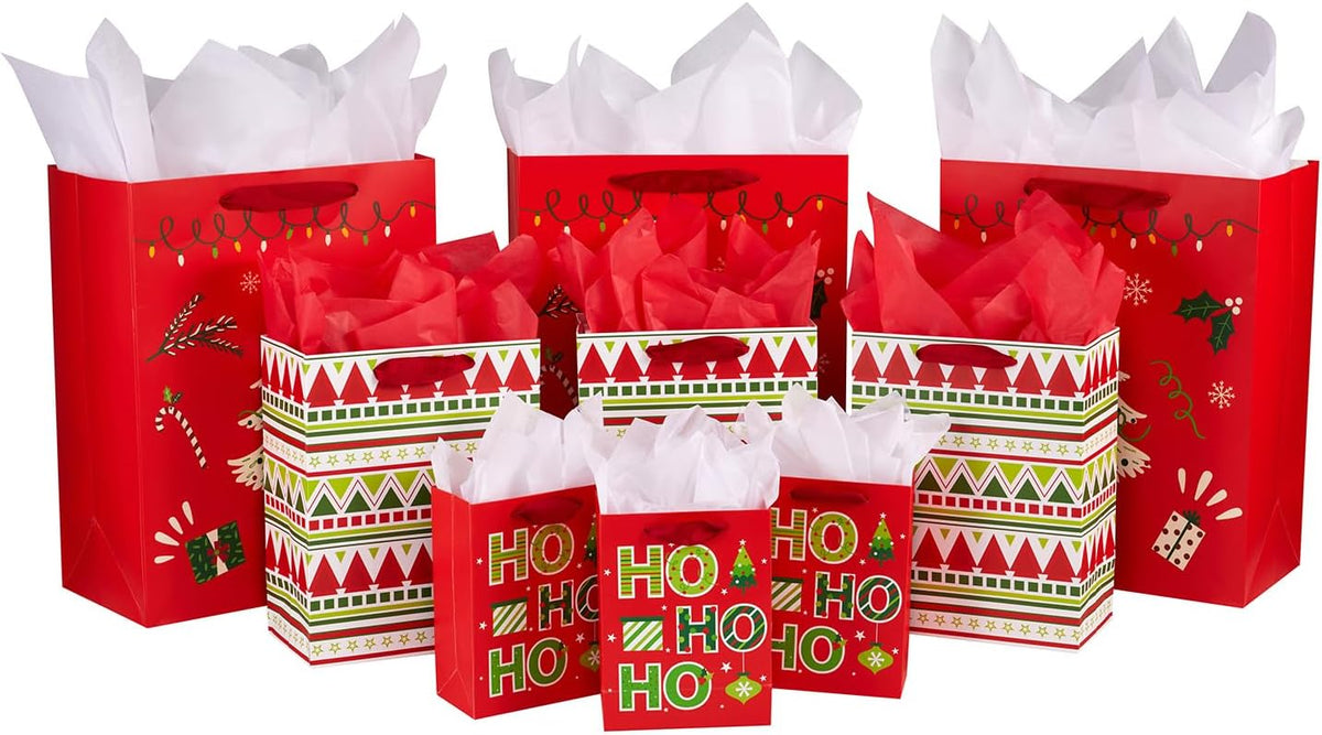 9 Pack Assorted Sizes Red Christmas Gift Bags with Tissue Paper
