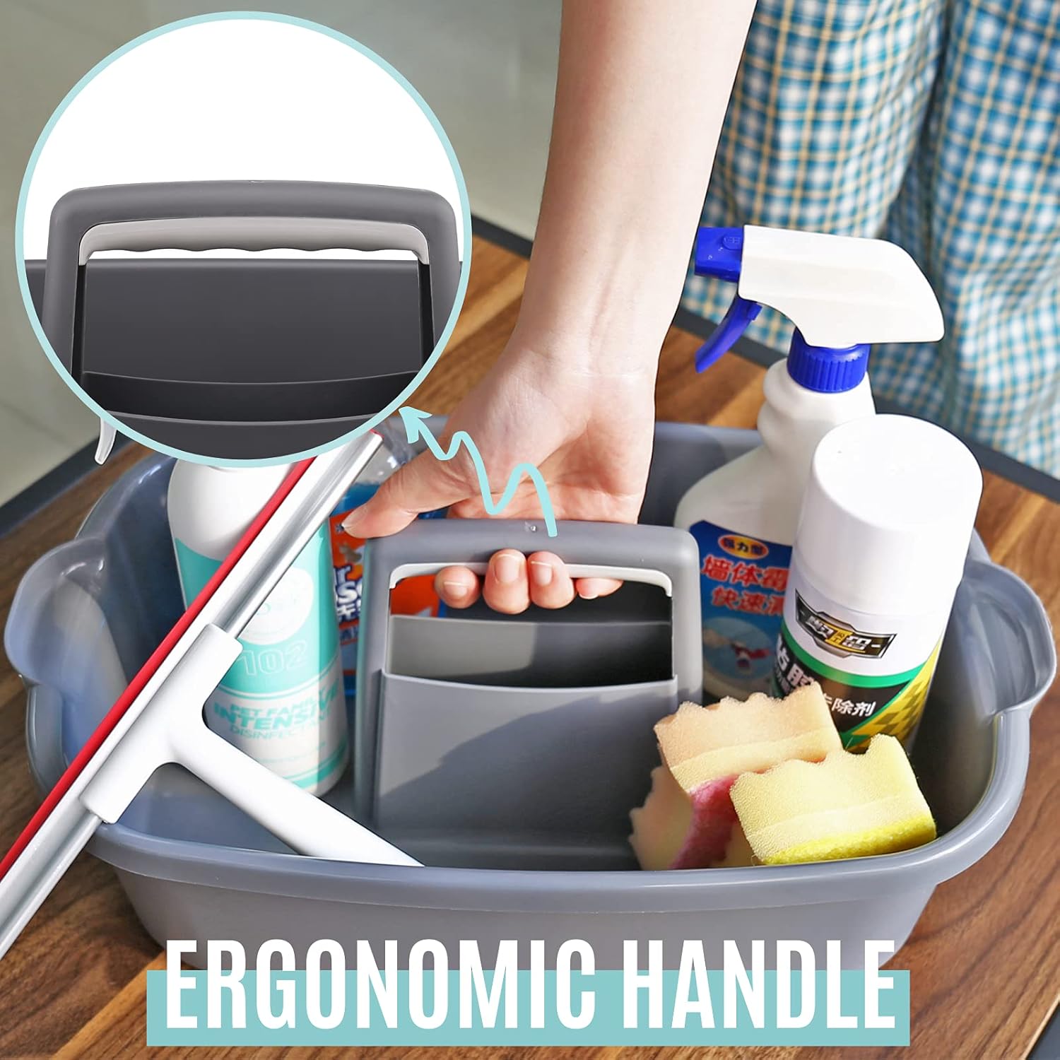 Cleaning Caddy Organizer with Handle, Gray Plastic Bucket for Cleaning Supplies Products, Cleaning Tool Storage Tote