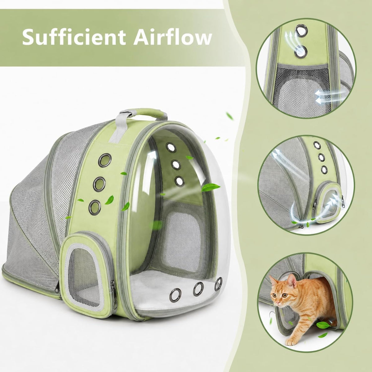 Expandable Cat Carrier Backpack with Bubble Window and Mesh, Light Green