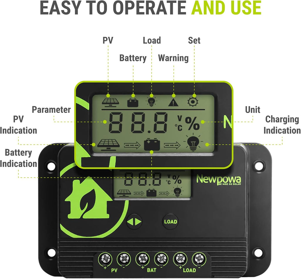 10A Solar Charge Controller - 12V/24V PWM Compact Design LCD Display Off Grid Solar Panel Adjustablefor AGM, Gel