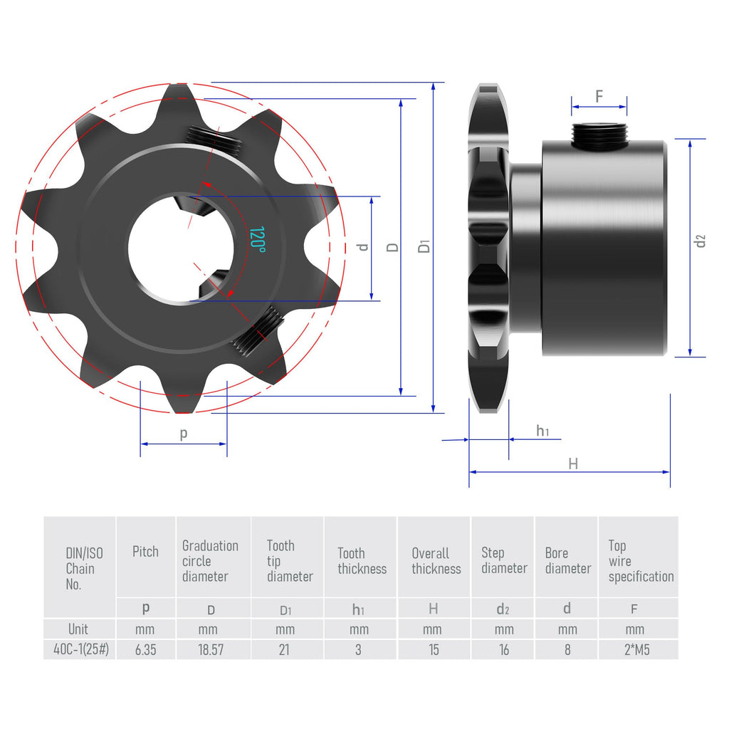 FOCMKEAS 9 Tooth Roller Chain Sprocket, 25 Chain, 8mm Bore