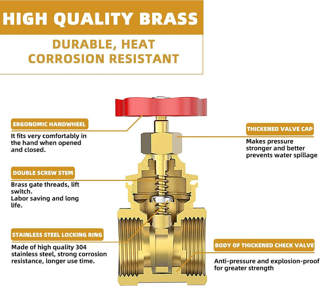 1/2" NPT Gate Valve, Heavy Duty, Brass, Female x Female Thread, DN15