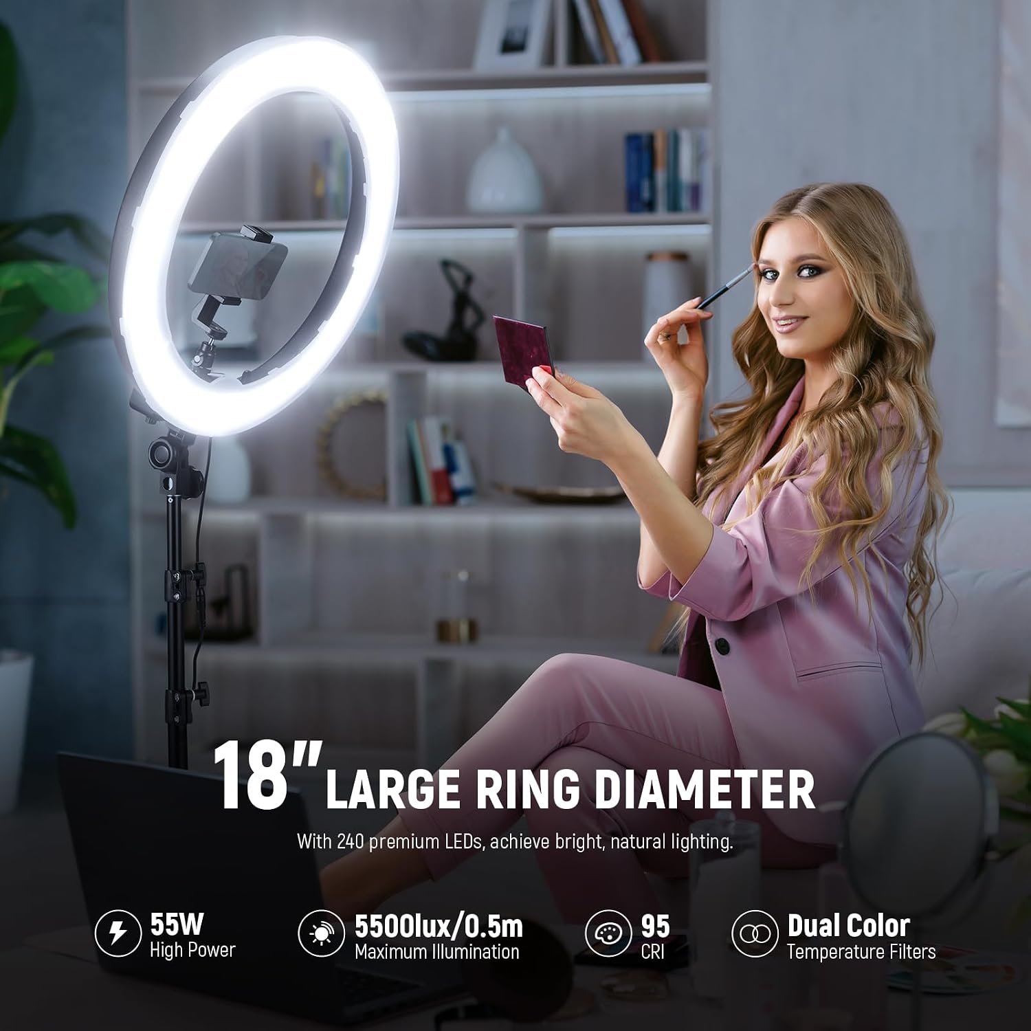 55W 18"/45cm Ring Light Kit [New Version], with Tripod Stand, RL-18 | 5600K Dimmable LED Ringlight, Phone Holder for
